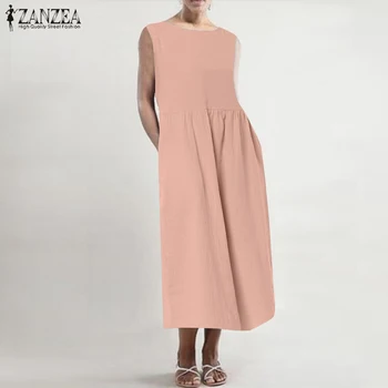 Elegantiškas Lininis Midi Suknelė Moterų Vasaros Sundress ZANZEA 2021 Atsitiktinis O Kaklo Berankovė Tunika Ilgai Vestido Moterų Kietas Apdaras Femme