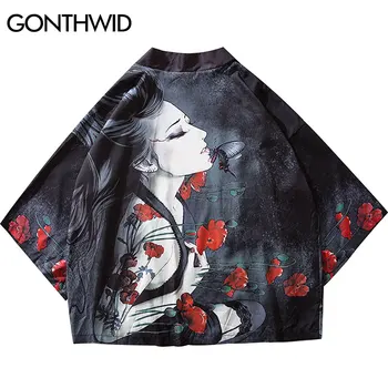 GONTHWID Japonų Stiliaus Mergina Gėlės Drugelis Spausdinti Kimono Megztinis Haori Striukės Harajuku Atsitiktinis Atidaryti Priekiniai Paltai Streetwear