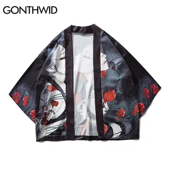 GONTHWID Japonų Stiliaus Mergina Gėlės Drugelis Spausdinti Kimono Megztinis Haori Striukės Harajuku Atsitiktinis Atidaryti Priekiniai Paltai Streetwear