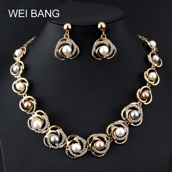 Weibang Afrikos Karoliukai Papuošalų Rinkinys Naujas Kostiumas Imituojamas-perlų Karoliai, Auskarai, Komplektai Dubajaus Aukso Spalvos Papuošalų Rinkiniai Moterims