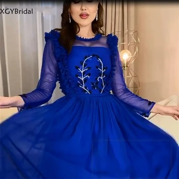 Naujas Atvykimo Šifono Royal Blue Gėlių ornamento formavimas Vakaro Suknelės Vien Ilgas Rankovėmis ir Ruffles abendkleid skraiste soiree dubajus suknelė
