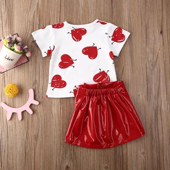 2020 Naujas Vasaros Bamblys Vaikas Baby Girl Valentino Dieną Drabužius Meilės Top marškinėliai Odinis Sijonas Raudona Apranga Rinkinys