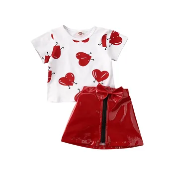 2020 Naujas Vasaros Bamblys Vaikas Baby Girl Valentino Dieną Drabužius Meilės Top marškinėliai Odinis Sijonas Raudona Apranga Rinkinys