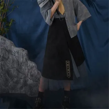 Derliaus netaisyklingos Akies susiuvimo Ilgas sijonas Moterims Rudenį Harajuku Hip-Hop Midi sijonas, Siuvinėtas suspender dizaino-line sijonas