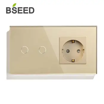 BSEED Touch Šviesos Jungiklis Su ES elektros Lizdą Balta Juoda Aukso Sienos Jungiklis Jutiklis 1/2/3Gang 1Way Krištolo Stiklo Panelė Apšvietimas