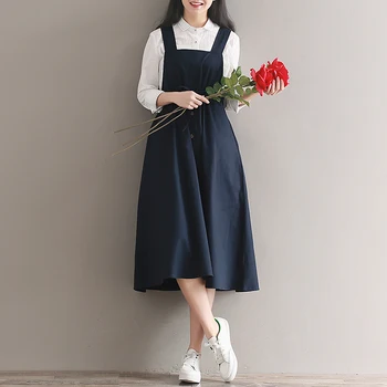 Japonijos Derliaus Moterų Atsitiktinis Dirželio Ilgio Suknelės Korėjos Mados Mori Mergina Mielas Slim Rankovių Tvarstis Suspender Suknelė Plius Dydis