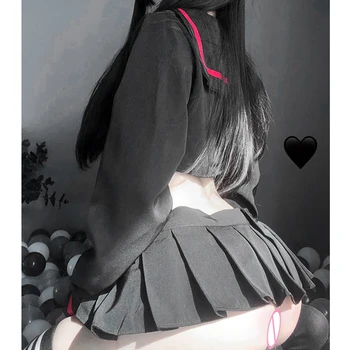 Seksualus apatinis Trikotažas Anime Cosplay Kostiumų JK Vienodas Kwaii Lolita Mini Top Sijonas Erotika Roleplay Nustatyti Studentų Jūrininkas, su Raudonu Lankas