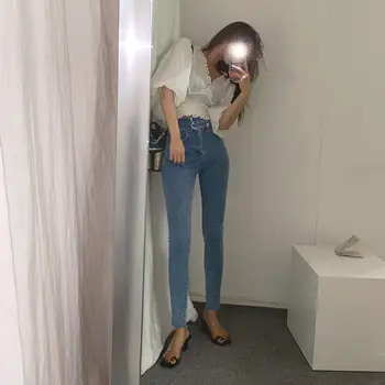 Moterų džinsus 2020 metų vasaros korėjos versija, naujas retro aukšto juosmens elastinga stora montavimo apkarpyti kelnės
