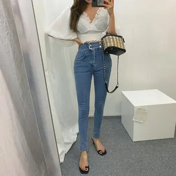 Moterų džinsus 2020 metų vasaros korėjos versija, naujas retro aukšto juosmens elastinga stora montavimo apkarpyti kelnės