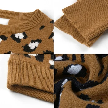 GXDS Mados Leopard Megztinis Rudenį, Žiemą Naujas Apvalios Kaklo Megztinis Megztinis Atgal Tuščiaviduriai ilgomis rankovėmis korėjos Slim Moterų Megztinis