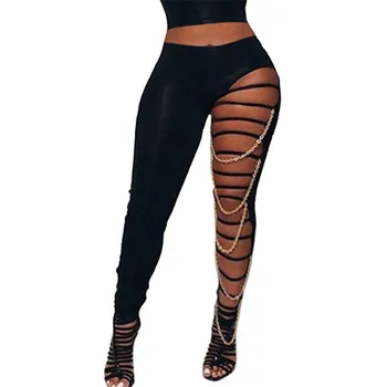 CHRONSTYLE Grandinės Kratinys Kelnės, Antblauzdžiai 2021 Seksuali Moteris Tuščiaviduriai Iš Juodos Kelnės Aukštu Juosmeniu Bodycon Slim Clubwear Streetwear
