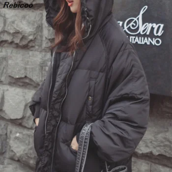 2019 Atsitiktinis Juoda Plius Dydis Korėjos Mados Moterų Outwear Storas Šiltas Parko Negabaritinių Žiemos Paltai Moterims Retro Su Gaubtu