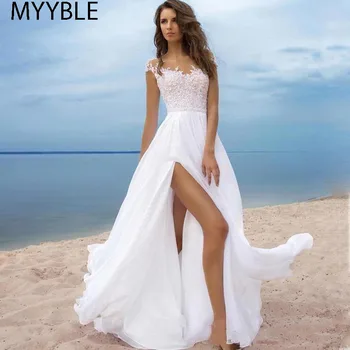 MYYBLE Boho Vestuvių Suknelė Scoop-Line Appliques Šifono Nuotakos Suknelė pagal Užsakymą Pagaminti Aukštos Padalinta Vestuvių Suknelė Nemokamas Pristatymas 2020 m.
