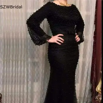 Naujas Atvykimo Perlai Zawalcowany Undinė vakaro suknelės ilgomis rankovėmis Juoda Dubajaus Musulmonų vakare chalatai Caftan marocain Prom dresses