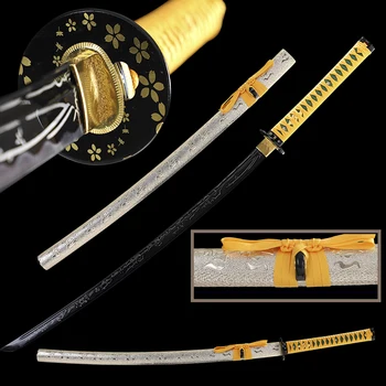 Handforged Japonijos Katana 1045 anglies Plieno Full Tang Graviruotas Bambuko-Aukso Spalvos-Dekoratyvinis Kardas-Mediniai Apvalkalas, Suvynioti Oda