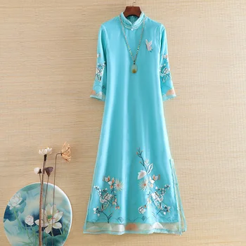 Rudenį organza moterų cheongsam suknelė etninės Retro stiliaus elegantiškas siuvinėjimo 3/4 rankovės prarasti-line lady šalies Qipao suknelė S-XXL