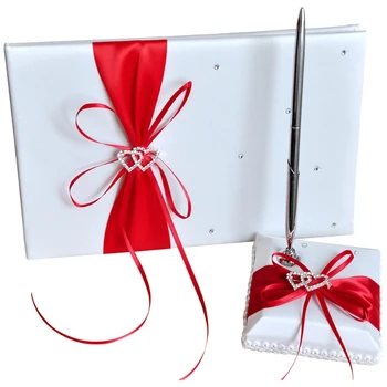 Vestuvių Svečių Knyga Pen Turėtojas Rinkiniai Satino Lankai Parašo Knygą Su Deimantais Meilės Forma, Dekoracijos-Raudona+Balta