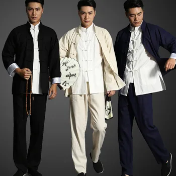 2vnt Rudenį Naujas Vyrų Kinų Stiliaus Medvilnės Skalbiniai Kailis Purus Kimono Megztinis Vyrams vientisa Spalva Tango Kostiumas Kung Fu Chi Kostiumai