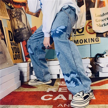 UNCLEDONJM Drugelis Spausdinti +Grandinės Jeans vyriški Hip-Hop streetwear mens džinsus, džinsinį audinį, moterų ir vyrų mados black jeans vyrams HM1072