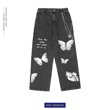 UNCLEDONJM Drugelis Spausdinti +Grandinės Jeans vyriški Hip-Hop streetwear mens džinsus, džinsinį audinį, moterų ir vyrų mados black jeans vyrams HM1072
