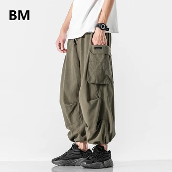 Japonijos Didelis Kišenėje Krovinių Kelnės Vyrų Prarasti Mados Poilsiu Vyrų Streetwear Hip-Hop Pločio Kojų Kariuomenės Kelnės Ulzzang Korėjos Kelnės