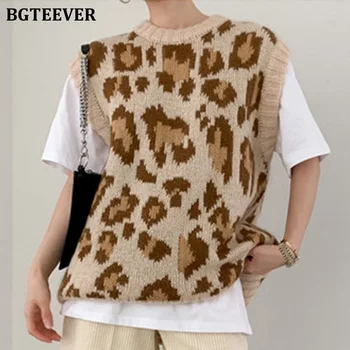 BGTEEVER Storas Šiltas Prarasti Moterų Leopard Megztinis apatiniai Marškiniai Prašmatnus O-kaklo, Rankovių Moterų Megzti Džemperis 2020 M. Rudens Žiemos Trikotažas