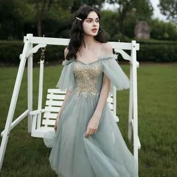 Šviečia China Bridesmaid Dresses Appliques Linijos, Vestuves Prom Chalatai Aqua Žalia Grindų Ilgis Elegantiškas Moterų Suknelė R019