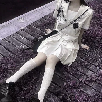 Tamsiai demonas Gotikos Zawalcowany Drugelis gėlių Nėrinių balta JK Vienodas Sailor Kostiumas Japonų dizaineris Studentų Drabužių Rinkiniai Plius dydis