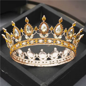 Nuotaka Plaukų Karūna Pokylių Geltona Kristalų Diadem Royal Queen Karalius Turas Metalo Princess crown Inscenizacija Šalis, Vestuvių Plaukų Papuošalai