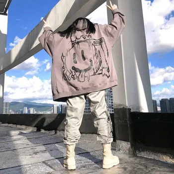 Korėjos Punk hoodie moterų harajuku šypsena spausdinti hoodies juokinga hip-hop žiemos viršūnes rudenį kietas japonija striukė streetwear moterys