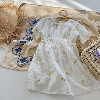 2021 Naujas Childern Vaikams Geltona Gėlė Medvilnės Trumpomis Rankovėmis Mados Princesė Suknelės Bamblys Vaikų Vasaros Kūdikių Aprangos Drabužių