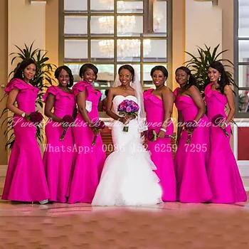 Rožinė Undinė Bridesmaid Dresses 2020 Ilgai Raukiniai Vieną Petį Afrikos Moterų Vestuvės Dress Tarnaitė Garbės Vestidos