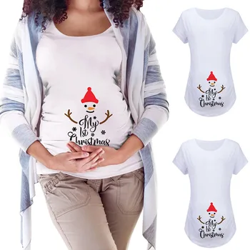 Sprogimo modeliai Kalėdų motinystės marškinėliai, ponios trumparankoviai Kalėdų spausdinti prarasti apvalios kaklo marškinėliai viršuje ropa embarazada 40*