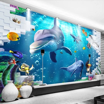 Custom Blue Povandeninio Pasaulio Delfinų, Ryklių, Žuvų, Koralų 3D Foto Tapetai, Vaikų Kambarys, Miegamasis, svetainė, TV Foną, Dekoras