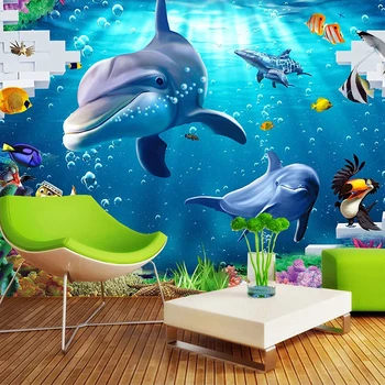 Custom Blue Povandeninio Pasaulio Delfinų, Ryklių, Žuvų, Koralų 3D Foto Tapetai, Vaikų Kambarys, Miegamasis, svetainė, TV Foną, Dekoras