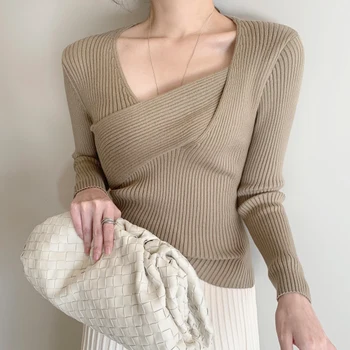 Korėjos Stiliaus Moteris Puloveriai Megztiniai 2020 Naujų Rudens V-neck Slim Ponios Megztiniai vientisos Spalvos ilgomis Rankovėmis Moterims Drabužių