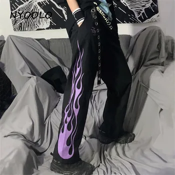 NYOOLO Harajuku streetwear Violetinė Liepsna spausdinti jogger kelnės moterims, vyrams Rudenį elastinga juosmens kulkšnies ilgis hip-hop juoda sweatpants