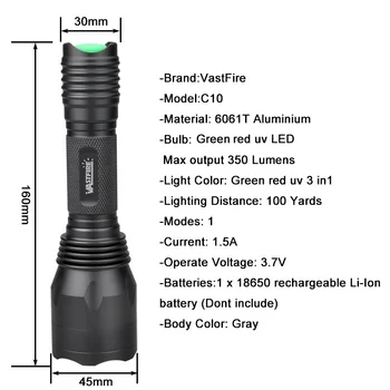C10 Ultra Ryškus LED Medžioklės Žibintuvėlis 1 Režimas Žalia/Raudona/UV 3 Spalvų 1 Taktinis Žibintuvėlis už 18650 Baterija