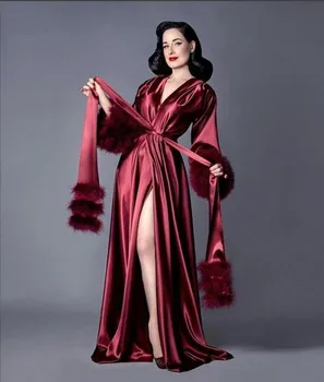 2021 Šilko Naktį Chalatas Ilgomis Rankovėmis Kailio Šalies Įžymybė Suknelė Sleepwear Nightgowns Rūbeliai Nuotakos Šalis Dėvėti