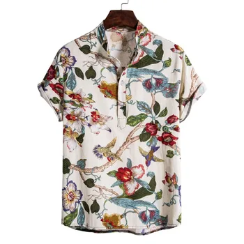 2020 m. Europos ir Amerikos nauji vyriški marškiniai karšto pardavimo vientisos spalvos atsitiktinis stovėti apykaklės trumpas rankovės medvilnės ir lino marškiniai