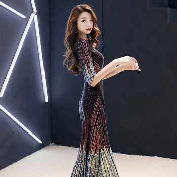 AE479 2021 Naują vakarinę Suknelę Ilgai Sparkle Blizgančiais Pusė Rankovės O-Kaklo Moterims, Elegantiškas China Undinė Maxi Vakare Šalis Suknelė Suknelė