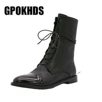 GPOKHDS 2020 moterų batai minkštas karvės odos, nėrinių, suapvalinti tne rudenį, pavasarį mažo kulno moterų jojimo batai