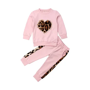 Mielas Leopardas Vaikas Mergaičių Drabužius Bamblys Baby Vaikų Long Sleeve T shirt Viršuje + Kelnės Komplektus Vaikas Kostiumai Tracksuit