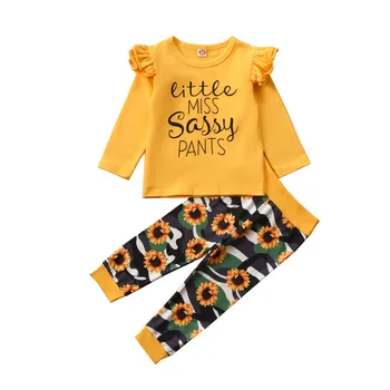 2vnt Baby Girl Šalies Stiliaus Kostiumas ilgomis rankovėmis Letter Spausdinimo Raundo Kaklo Viršų Chrizantemų Modelio Tiesios Kelnės Dėvėti Rudenį