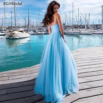 Naujas Atvykimo Linijos vakarinę Suknelę 2021 Elegantiška Mėlynos Stebėjimo Ilgos Suknelės Ruched Tiulio Beach Party, Chalatai Vestidos de Fiesta