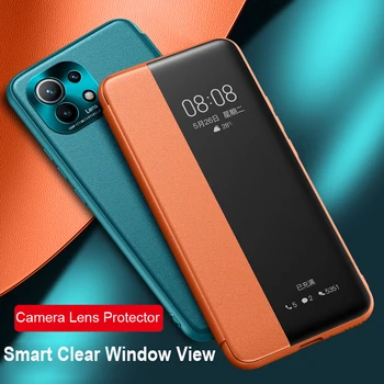 Smart Aišku Langą Peržiūrėti Flip Case For Xiaomi 11 5G Prabanga Atveju Mi 11 PU Oda Telefono Dangtelį Fotoaparato Objektyvas Gynėjas Coque