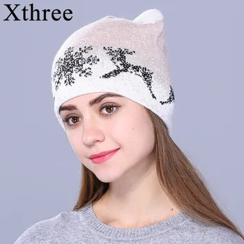 Xthree Kašmyras Skrybėlę Žiemos Skrybėlę Moterų Rudenį Vaikų Bžūp Vilnos Megztus Skrybėlę Mergina beanies skrybėlė mergaitė cute kačių skrybėlę