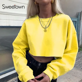 Sweetown 2020 M. Rudenį, Žiemą, Kieto Pagrindinių Apkarpytos Palaidinukė Moterų Atsitiktinis Laisvas Megztinis Ilgomis Rankovėmis Palaidinukė Moterų Streetwear
