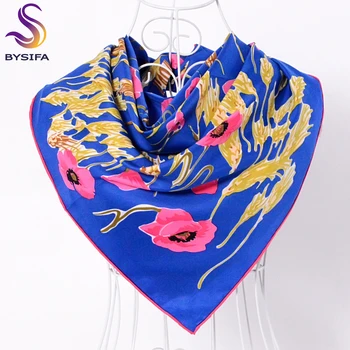 [BYSIFA] Moterys Hijab Šalikai Naujas Blue, Pink Gėlių Dizainas Ruoželiniu Aikštėje Šalikai Spausdinti Rudenį, Žiemą Prekės Moteriški Šalikai, 90*90cm