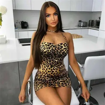 Seksualus, Moterų Berankovis Leopardas spausdinti Apynasrio V kaklo Cami Bodycon Suknelė Vakare Šalies Klubas Trumpa Mini Suknelė